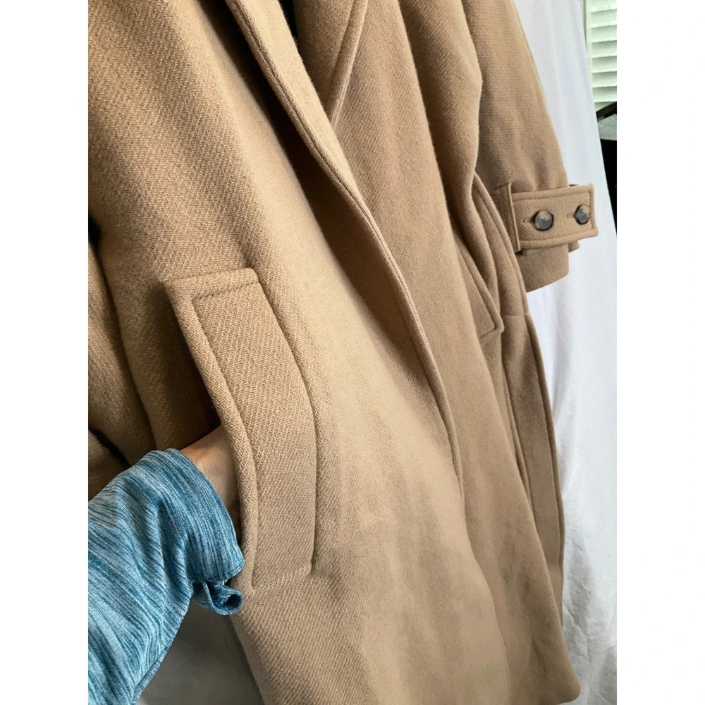 Zara Camel Wool Blend Wrap Long Trench Coat Belted Oversized Neutral Luxury XS - Picture 4 of 8